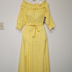 New York & Company Yellow Off-Shoulder Long Sleeve Dress